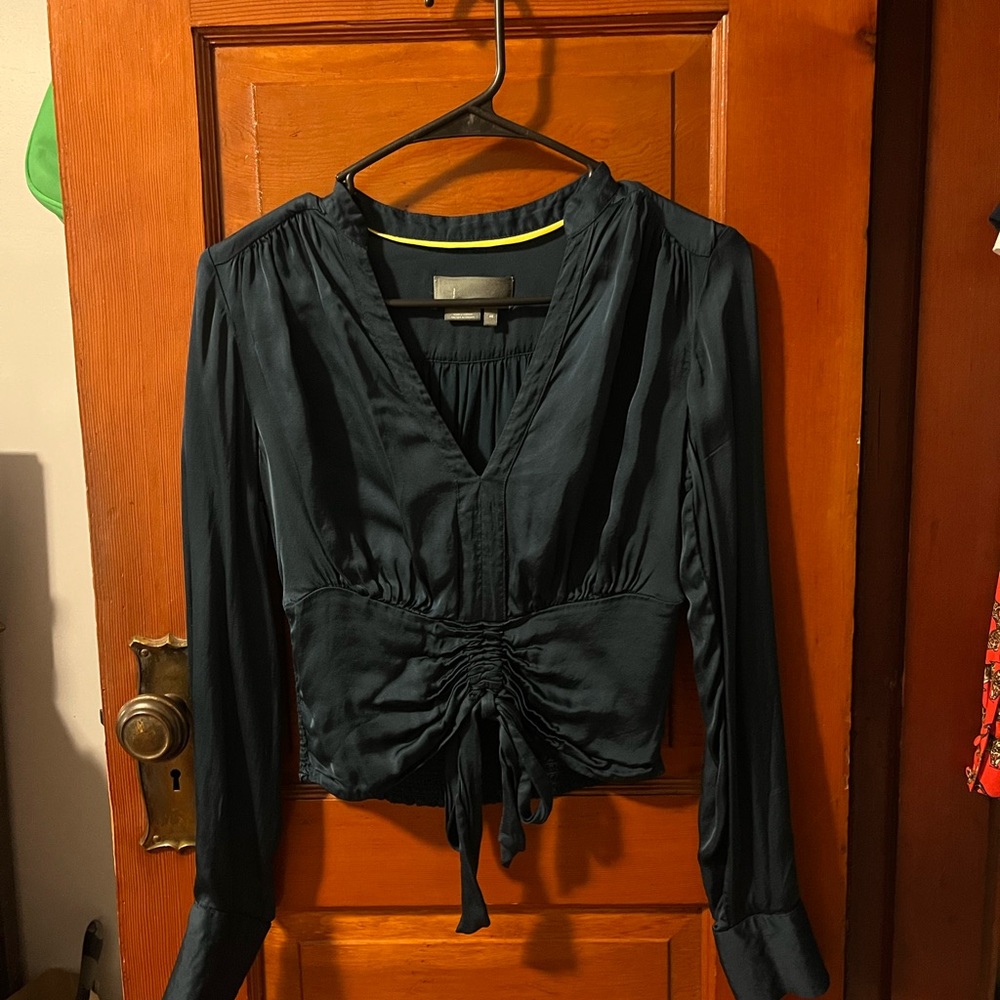 Anthropologie Navy Blue Ruched Satin Blouse